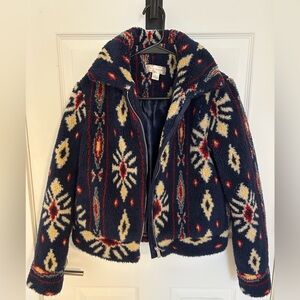 Navy and Red Patterned Fleece Jacket